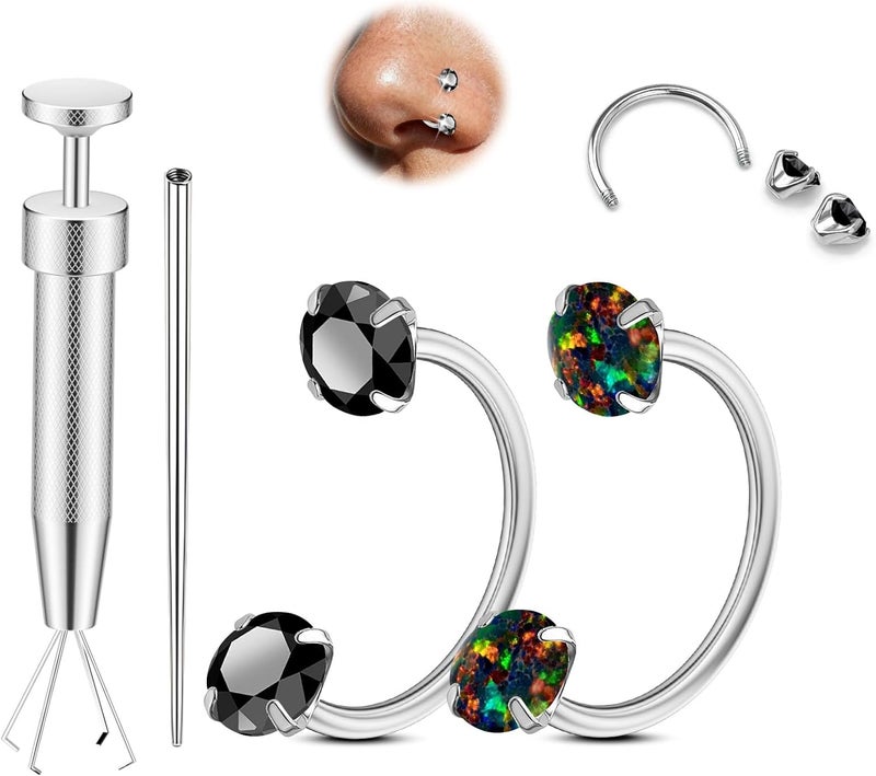 AMASIS Opal Nose Ring Studs Horseshoe Nose Rings Hoops Stud 316L Stainless Steel Nose Rings Round CZ Square Screw L Shaped Nose Stud Hypoallergenic Nostril Piercing Jewelry for Women Men - Image 1